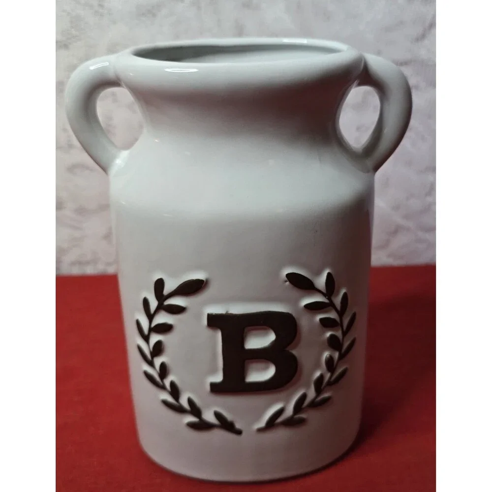 Ashland White Ceramic Monogram Initial B Milk Can Vase / Utensil Holder